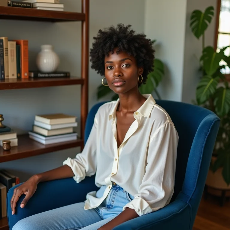 Mulher relaxando em poltrona azul em sala decorada com seu estilo pessoal.
