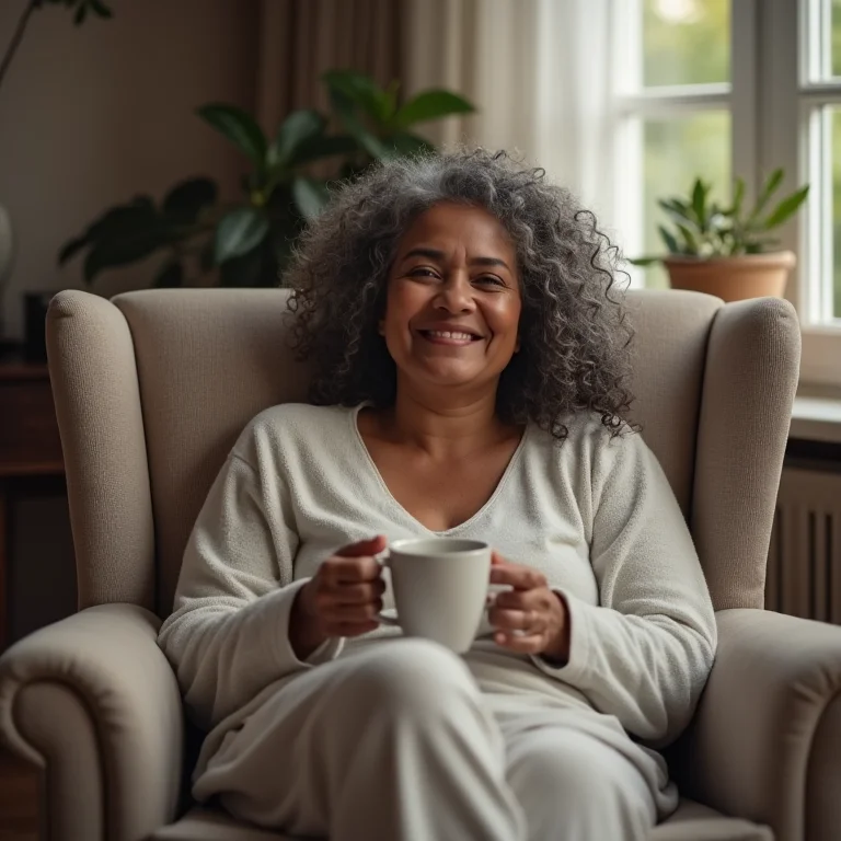 Mulher relaxando em poltrona confortável no quarto