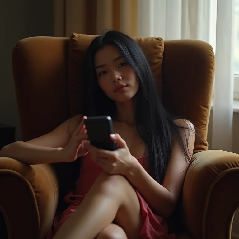 Mulher relaxando em poltrona confortável.