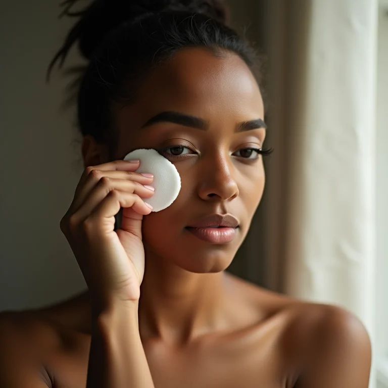 Mulher removendo excesso de maquiagem das sobrancelhas, com aparência mais velha