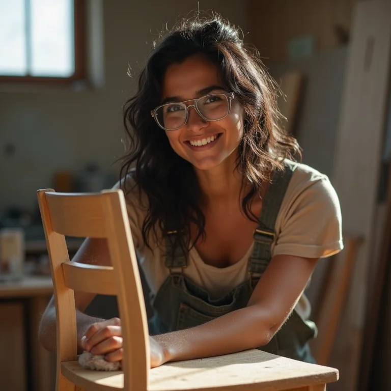 Mulher revitalizando móvel antigo