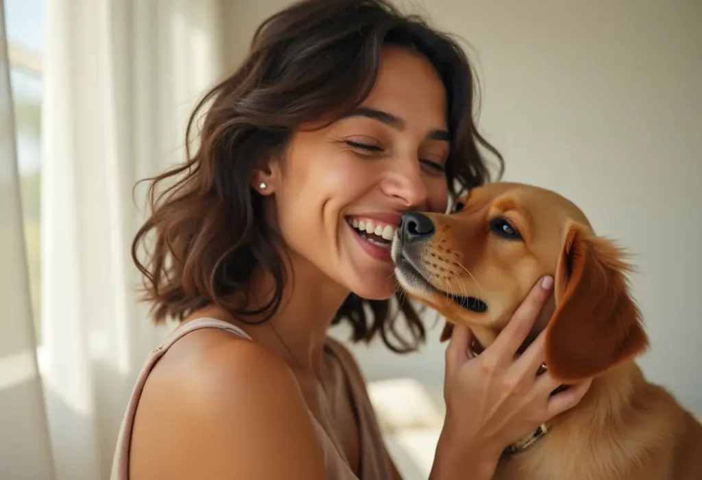 Mulher rindo com filhote de golden retriever