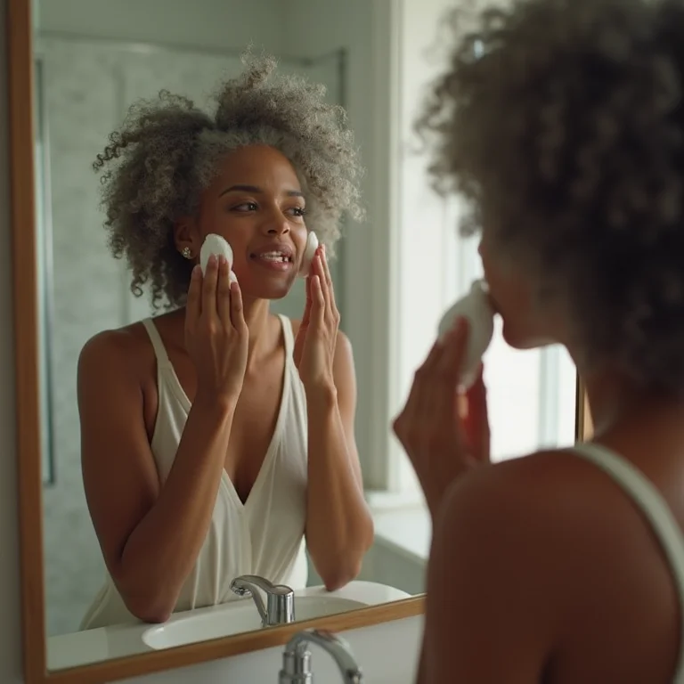 Mulher se olhando no espelho do banheiro