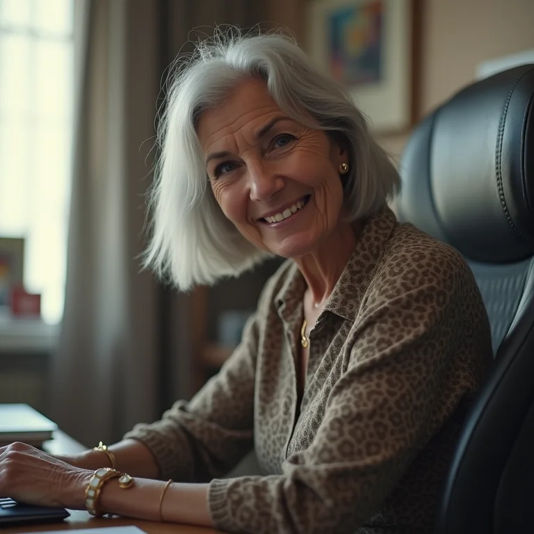 Mulher sênior ajustando cadeira ergonômica em home office.