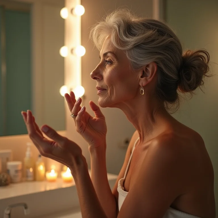 Mulher sênior aplicando skincare em banheiro com spots de luz.