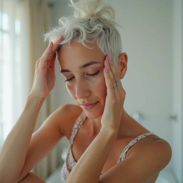 Mulher sênior massageando o couro cabeludo para estimular o crescimento