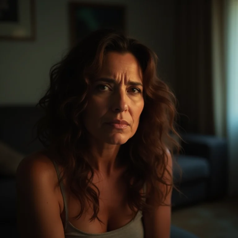 Mulher sentada em sala mal iluminada, com expressão de desconforto.