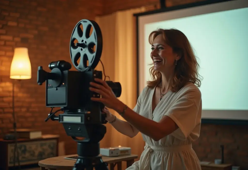 Mulher sorrindo ajustando projetor em sala aconchegante.