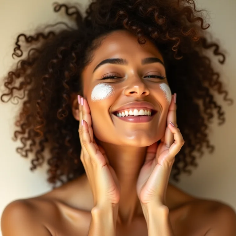 Mulher sorrindo aplicando protetor solar no rosto