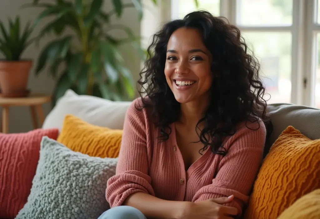 Almofadas customizadas: 5 truques para uma decoração única Mulher sorrindo cercada por almofadas customizadas.