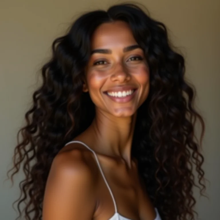 Mulher sorrindo com cabelo longo e saudável