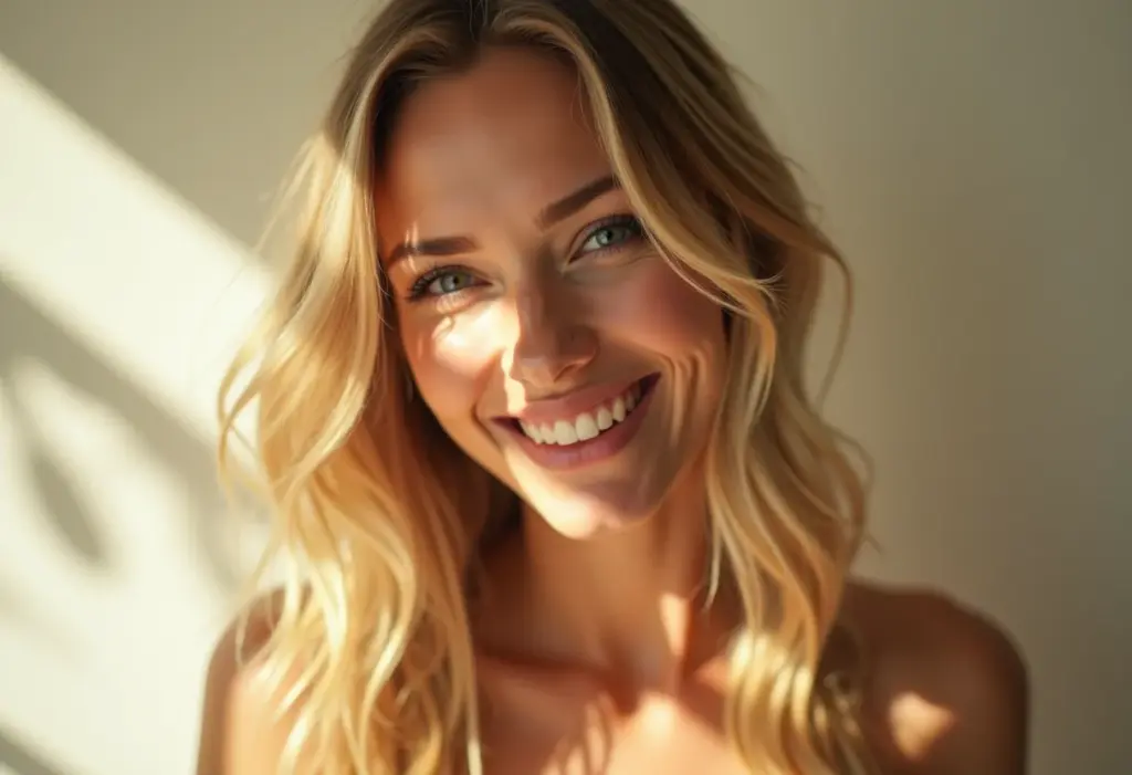 Mulher sorrindo com luzes no cabelo