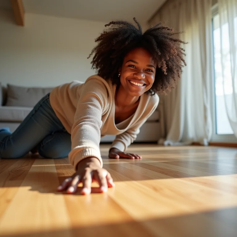 Mulher sorrindo e tocando piso laminado em sala aconchegante