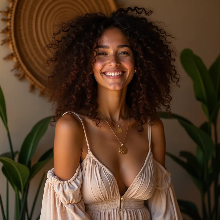 Mulher sorrindo em ambiente boho