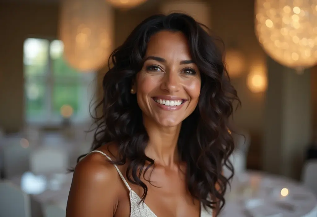 Mulher sorrindo em evento corporativo decorado
