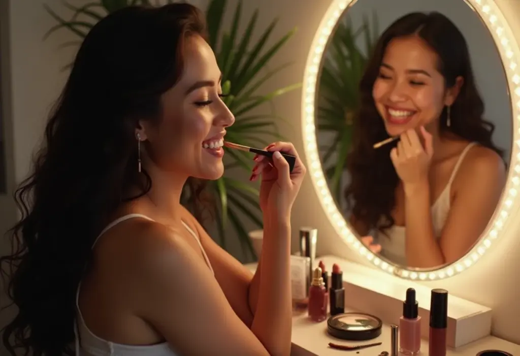 Mulher sorrindo em frente à penteadeira DIY.