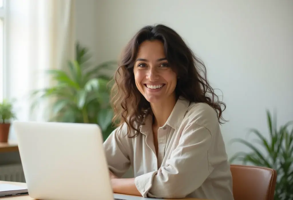Mulher sorrindo em home office bem iluminado