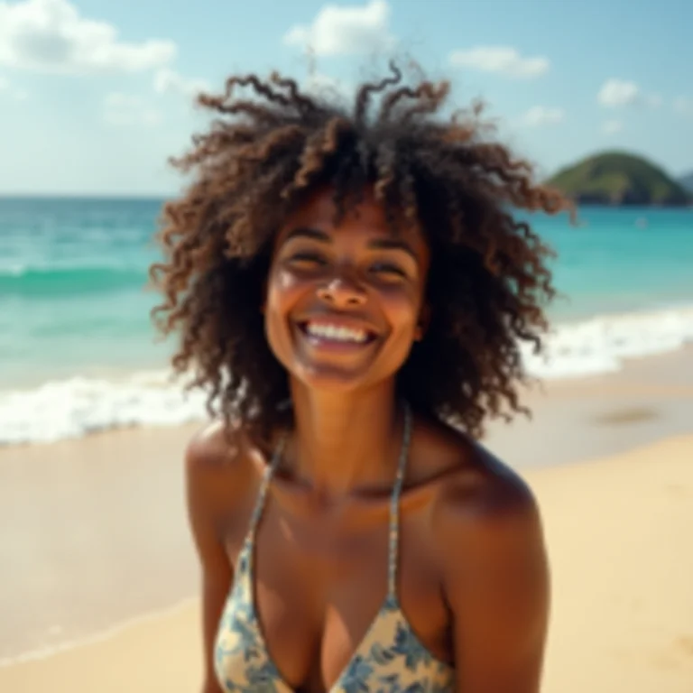 Mulher sorrindo em praia secreta da Ilha de Itaparica