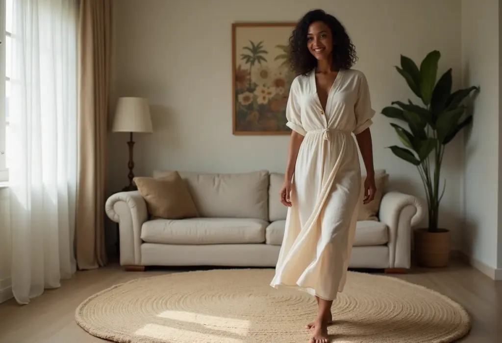 Tapete redondo na sala: o truque de styling que você precisa Mulher sorrindo em sala com tapete redondo.