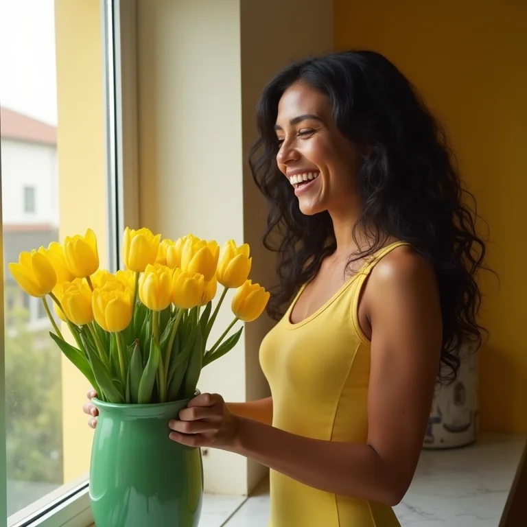 Mulher sorrindo enquanto arruma flores amarelas em vaso verde