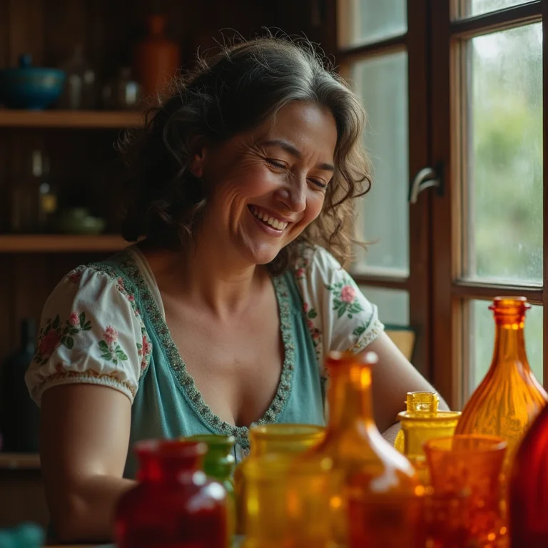 Mulher sorrindo enquanto organiza cristais coloridos em cristaleira.
