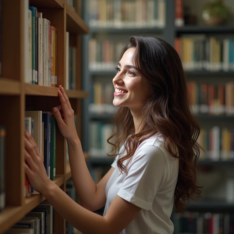 Mulher sorrindo enquanto organiza livros em rack funcional