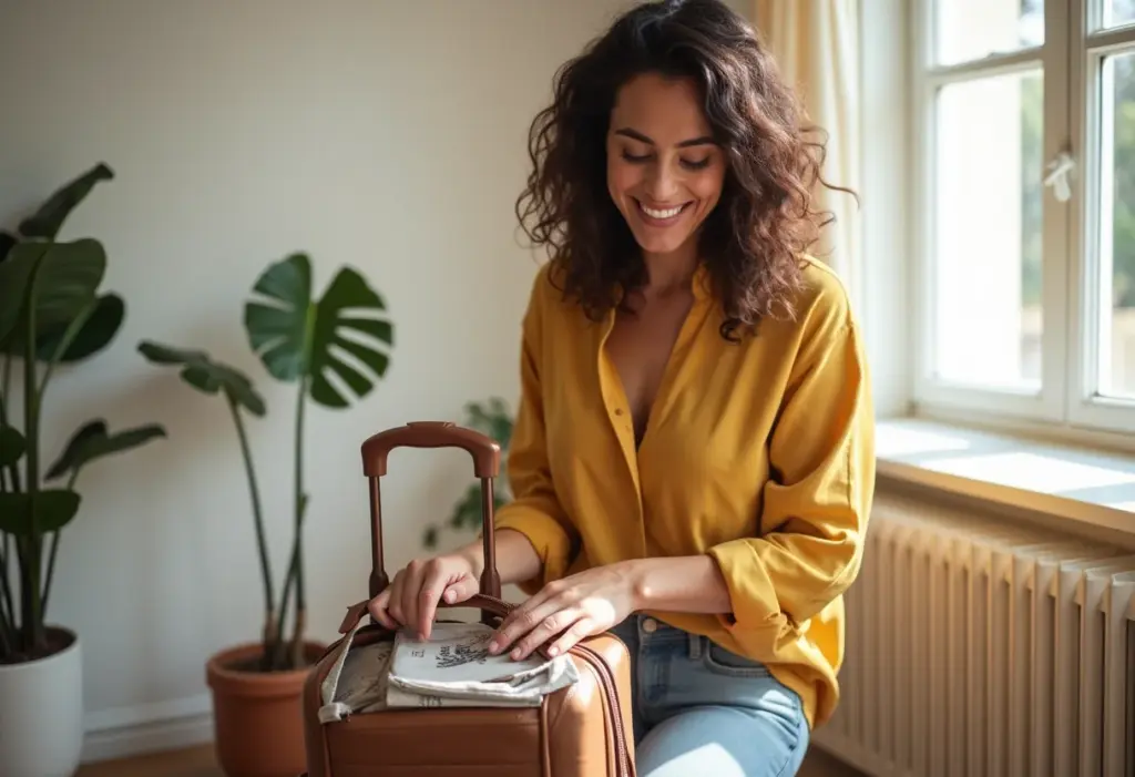 Travel size: os produtos essenciais (e como economizar) Mulher sorrindo enquanto organiza produtos de beleza em nécessaire de viagem.
