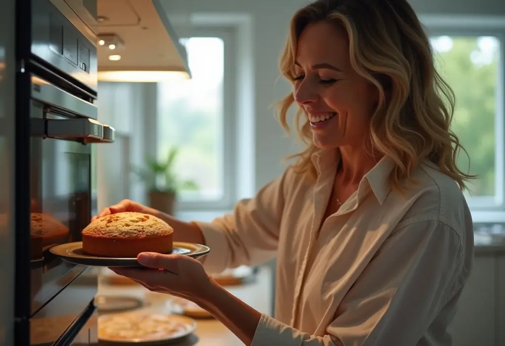 Cozinha Planejada: O segredo para um forno elétrico perfeito Mulher sorrindo enquanto retira bolo do forno em cozinha planejada
