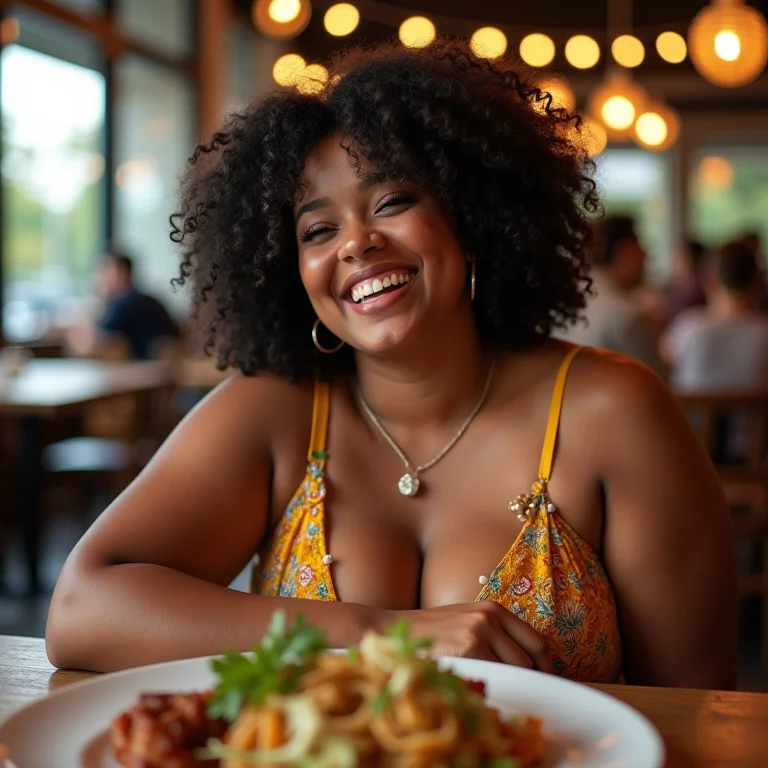 Mulher sorrindo enquanto saboreia prato regional em restaurante