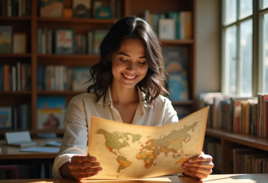 Mulher sorrindo olhando mapa em livraria de viagens