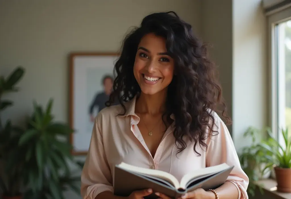 Mulher sorrindo segurando guia de estilo personalizado