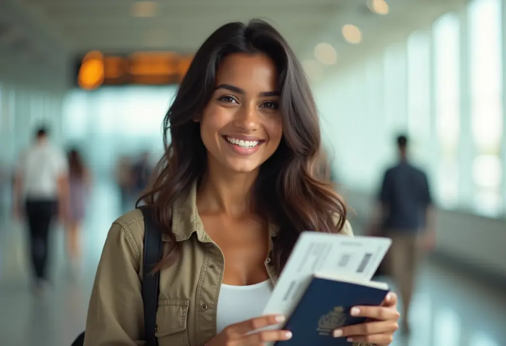 Mulher sorrindo segurando passaporte e passagem aérea