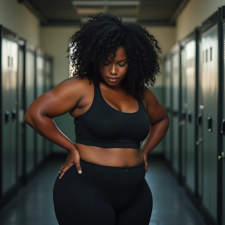 Mulher tentando ajustar legging grande demais no vestiário da academia.