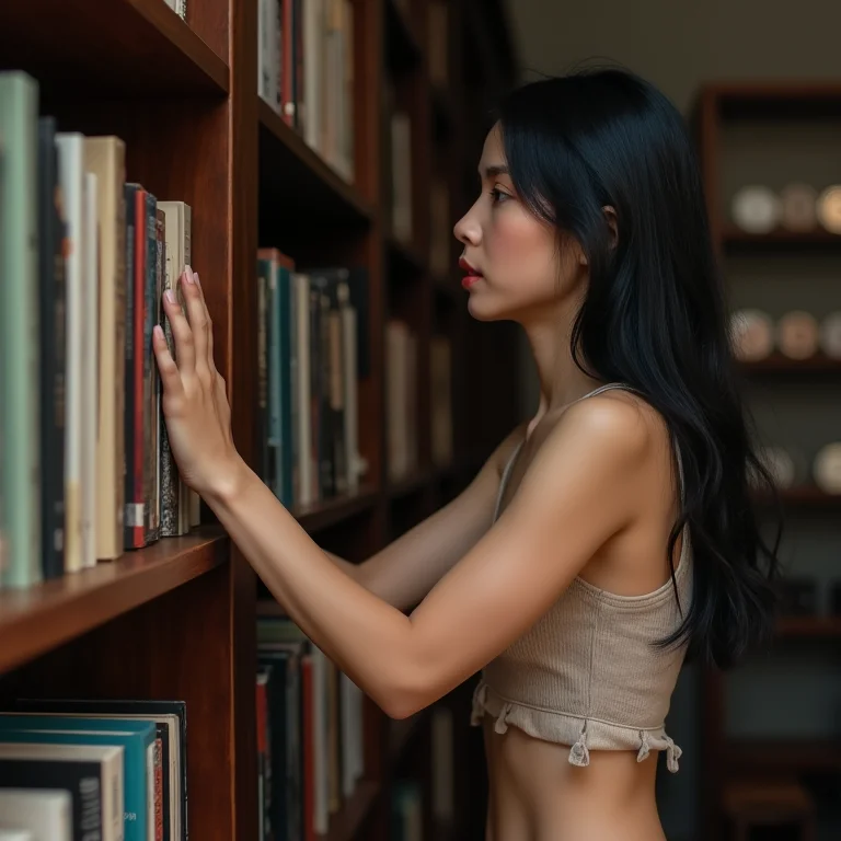 Mulher tentando alcançar livro em estante.