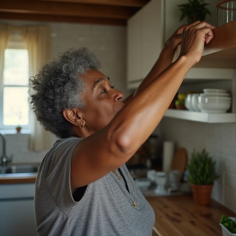 Mulher tentando alcançar objeto em bancada muito alta