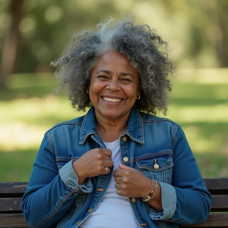 Mulher tentando fechar zíper emperrado em jaqueta jeans.