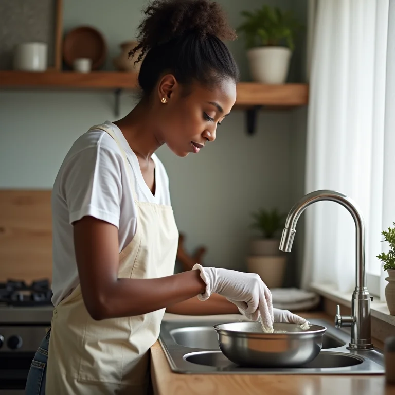 Mulher usando luvas para lavar louça