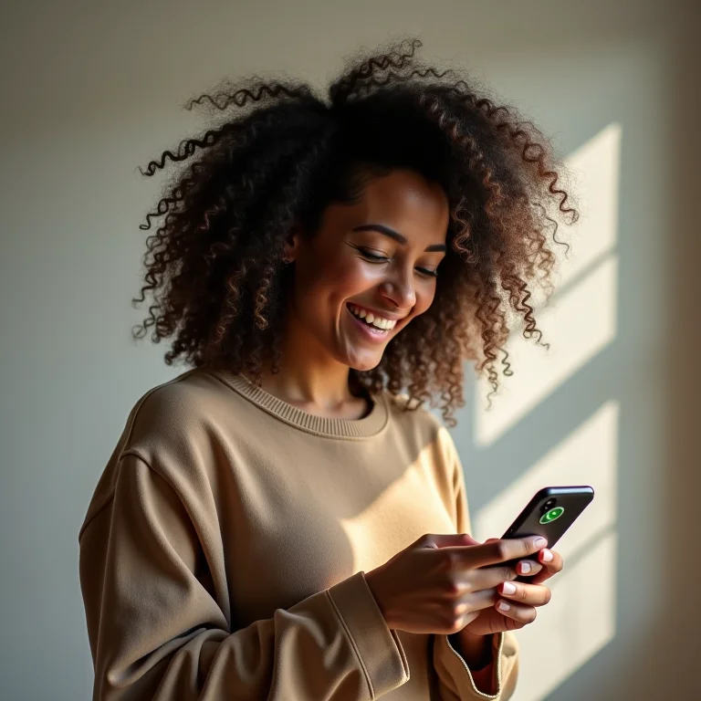 Mulher usando WhatsApp para chamadas internacionais