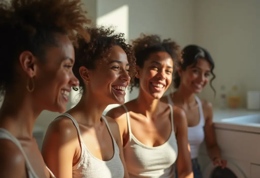 Mulheres brasileiras diversas lavando roupa juntas