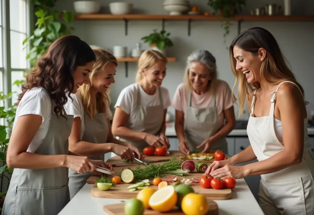 Mulheres brasileiras diversas reunidas em cozinha ensolarada apreciando aula de culinária