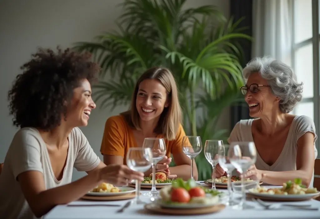 Mulheres brasileiras reunidas em volta de mesa de jantar.