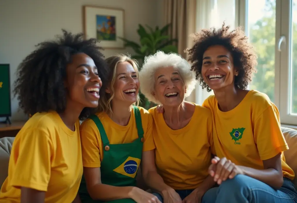 Mulheres brasileiras torcendo juntas em looks temáticos.