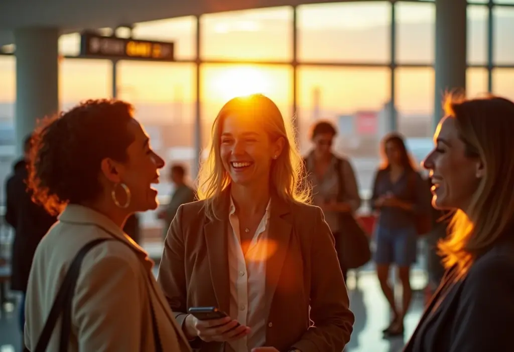 Mulheres diversas em terminal de aeroporto usando seus celulares