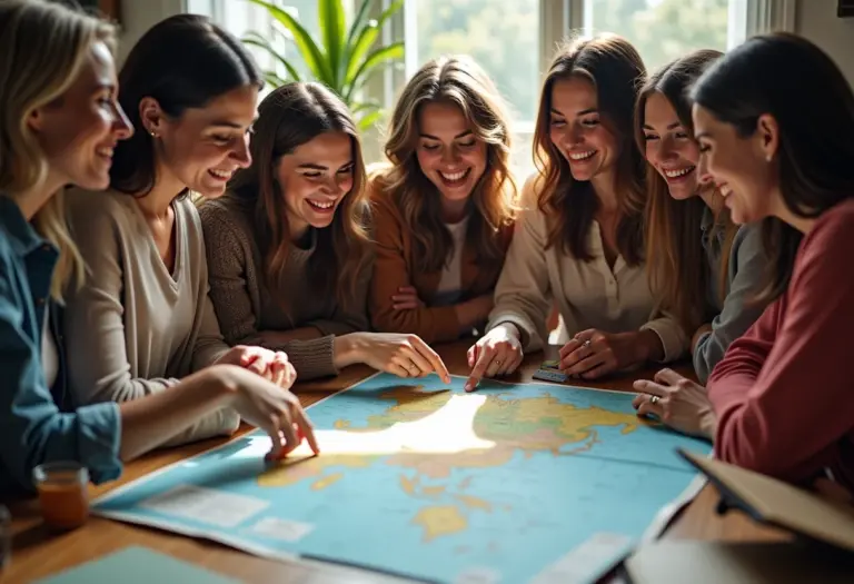 Mulheres sorrindo e planejando viagem em um mapa.