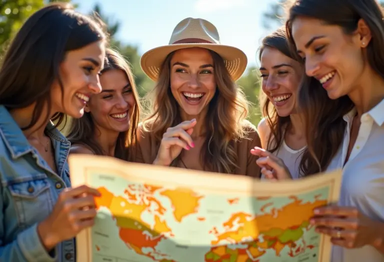 Mulheres sorrindo e planejando viagem em um mapa