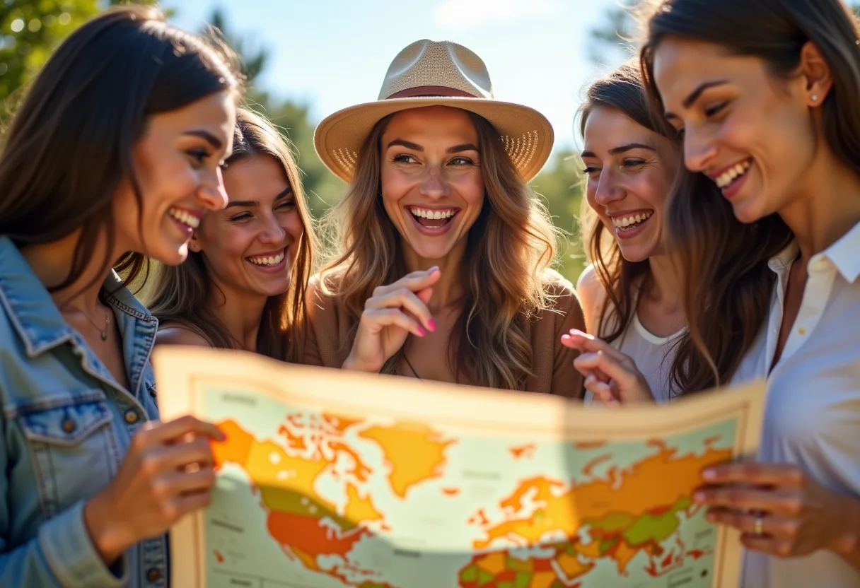 Mulheres sorrindo e planejando viagem em um mapa
