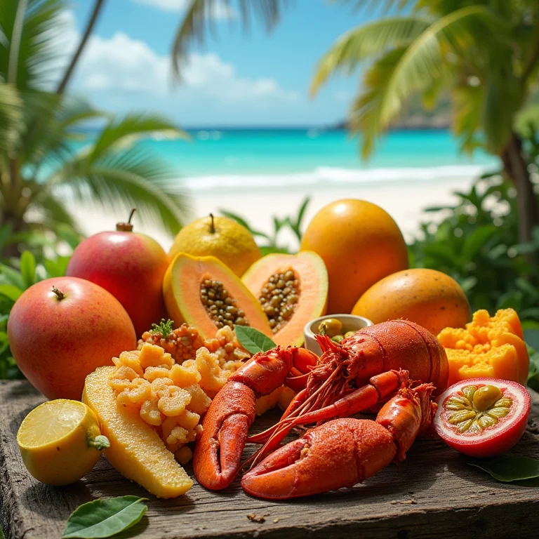 Natureza morta com frutas tropicais e frutos do mar em Los Roques