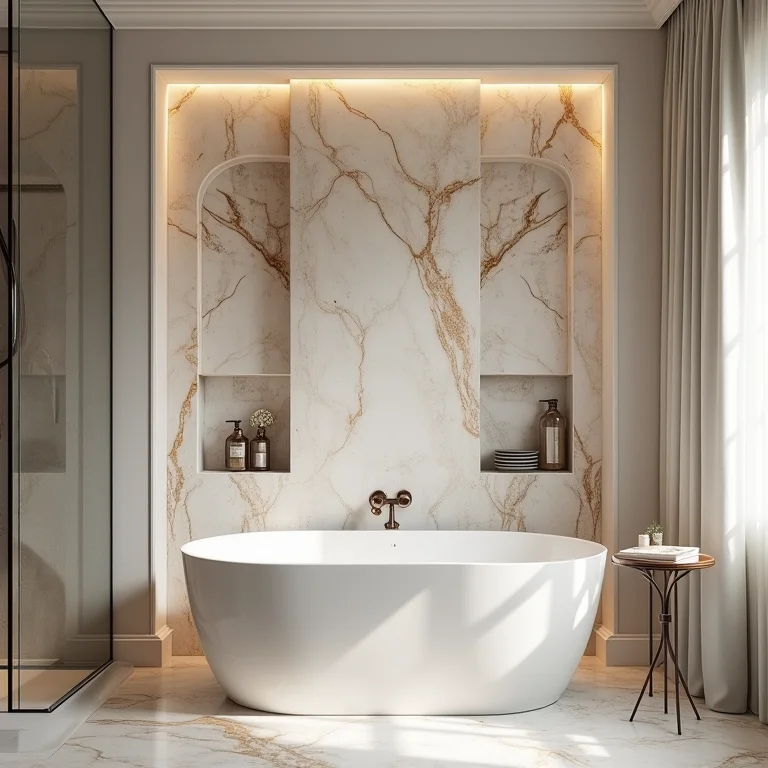 Nichos de pedras naturais como mármore e granito em banheiro de luxo