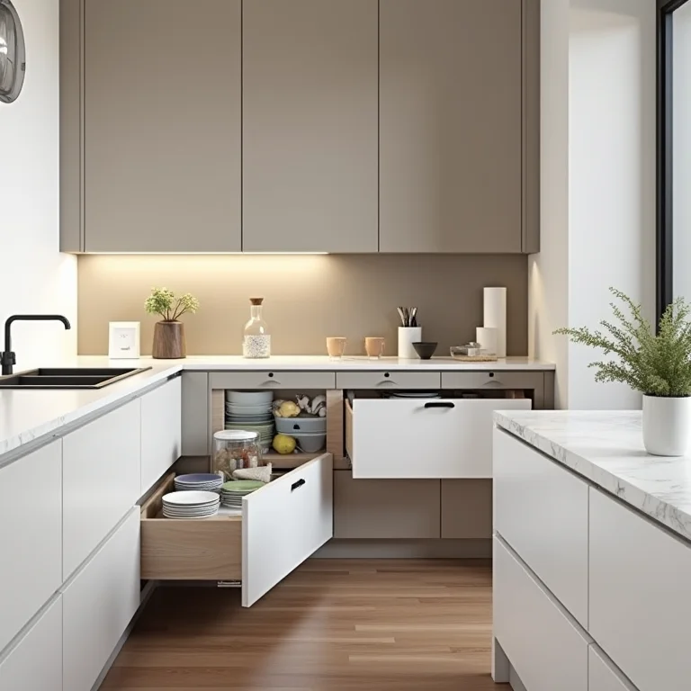 Nichos e gavetas inteligentes em cozinha de canto