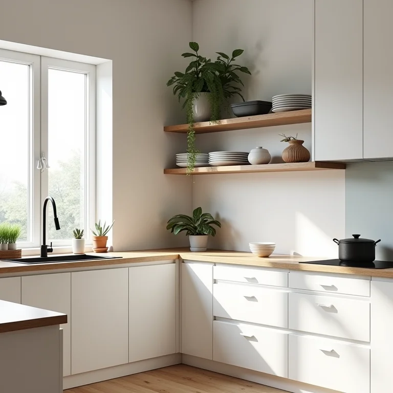 Nichos e prateleiras abertas decorando cozinha de canto.